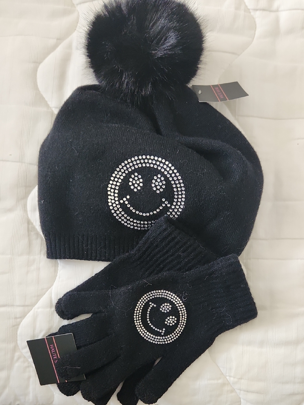 Black Pom-Pom Beanie & Glove Set with Rhinestone Smiley